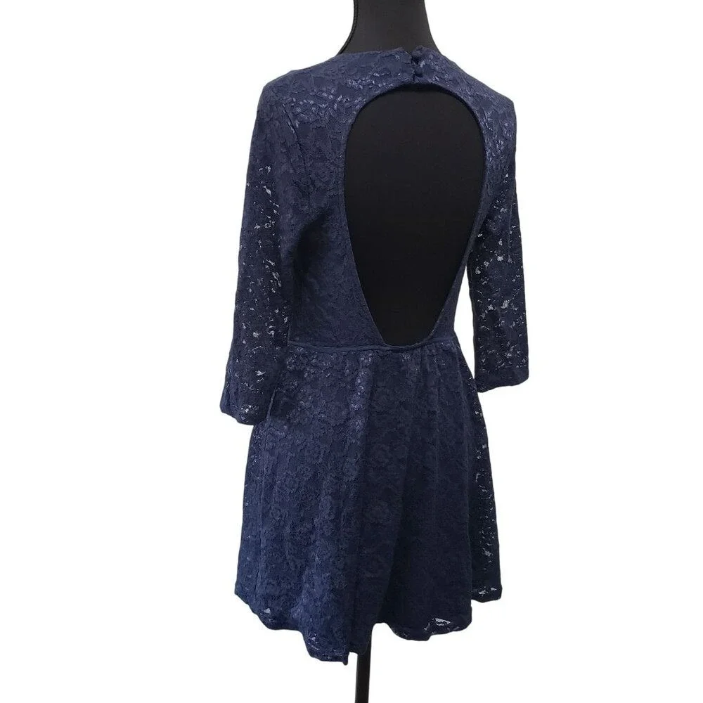 Victorias Secret Lace Dress Womens‎ Small Navy Blue Open Back 3/4 Sleeve Mini